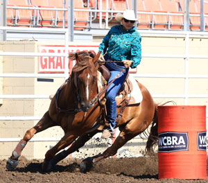 Noel Cosca riding Buzz at Salinas Rodeo Grounds WCBRA Barrel Race